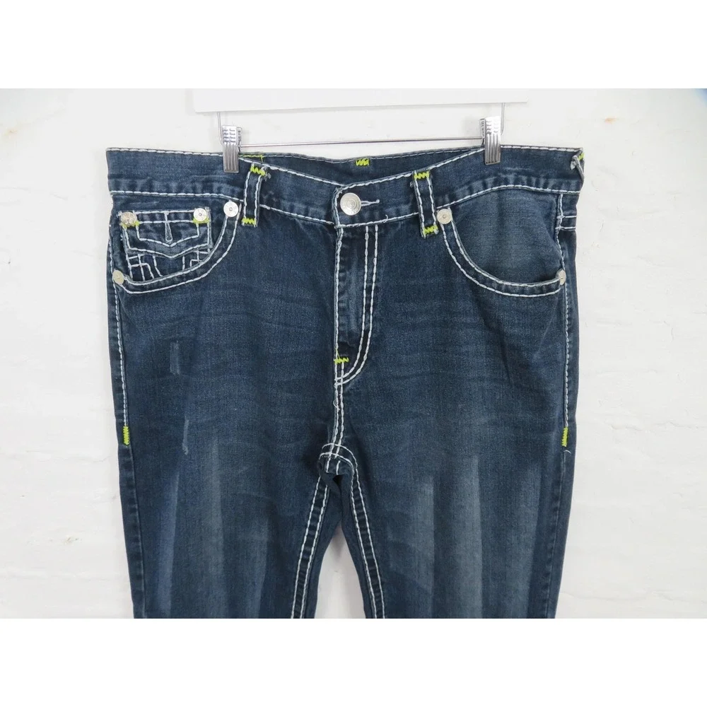 Vtg True Religion Ricky Super T JeansMen 42x34 Blue Flap Pocket USA Thick Stitch